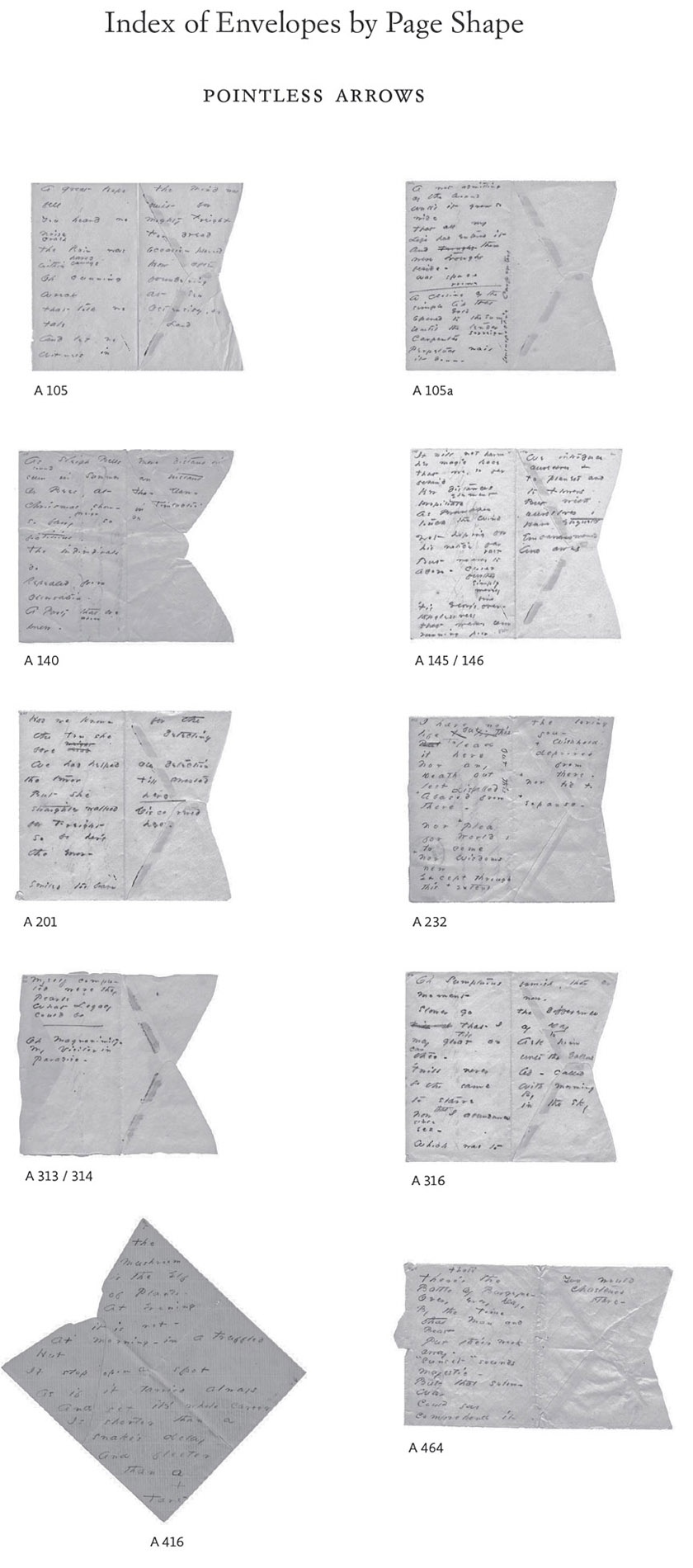 图38：艾米莉·狄金森《华丽的虚无》中”按页面形状分类的信封索引”里的”无尖箭头”。