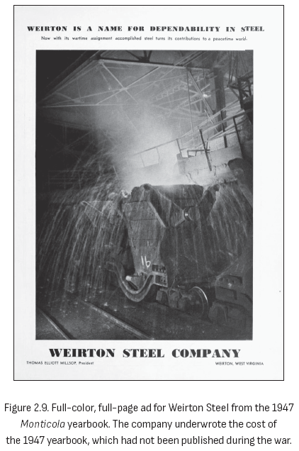 图2.9. 1947年Monticola年鉴中Weirton钢铁公司的全彩整页广告。该公司承担了1947年年鉴的费用，这本年鉴在战争期间未能出版。
